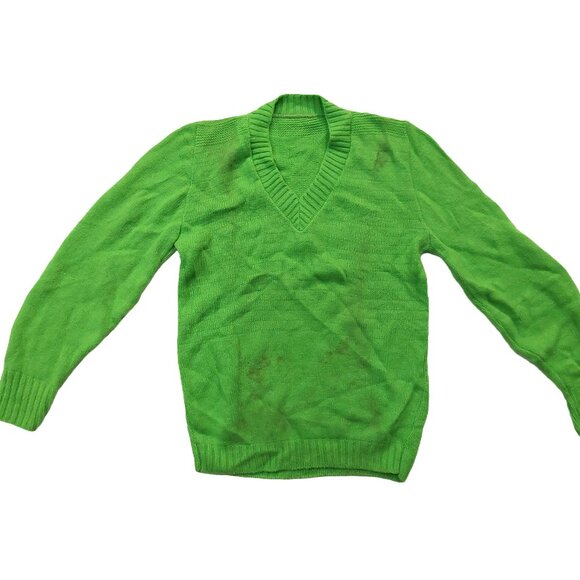 Vintage 1940s-1950s Bright Green Long Sleeve Knit V-Neck Sweater - Picture 5 of 13